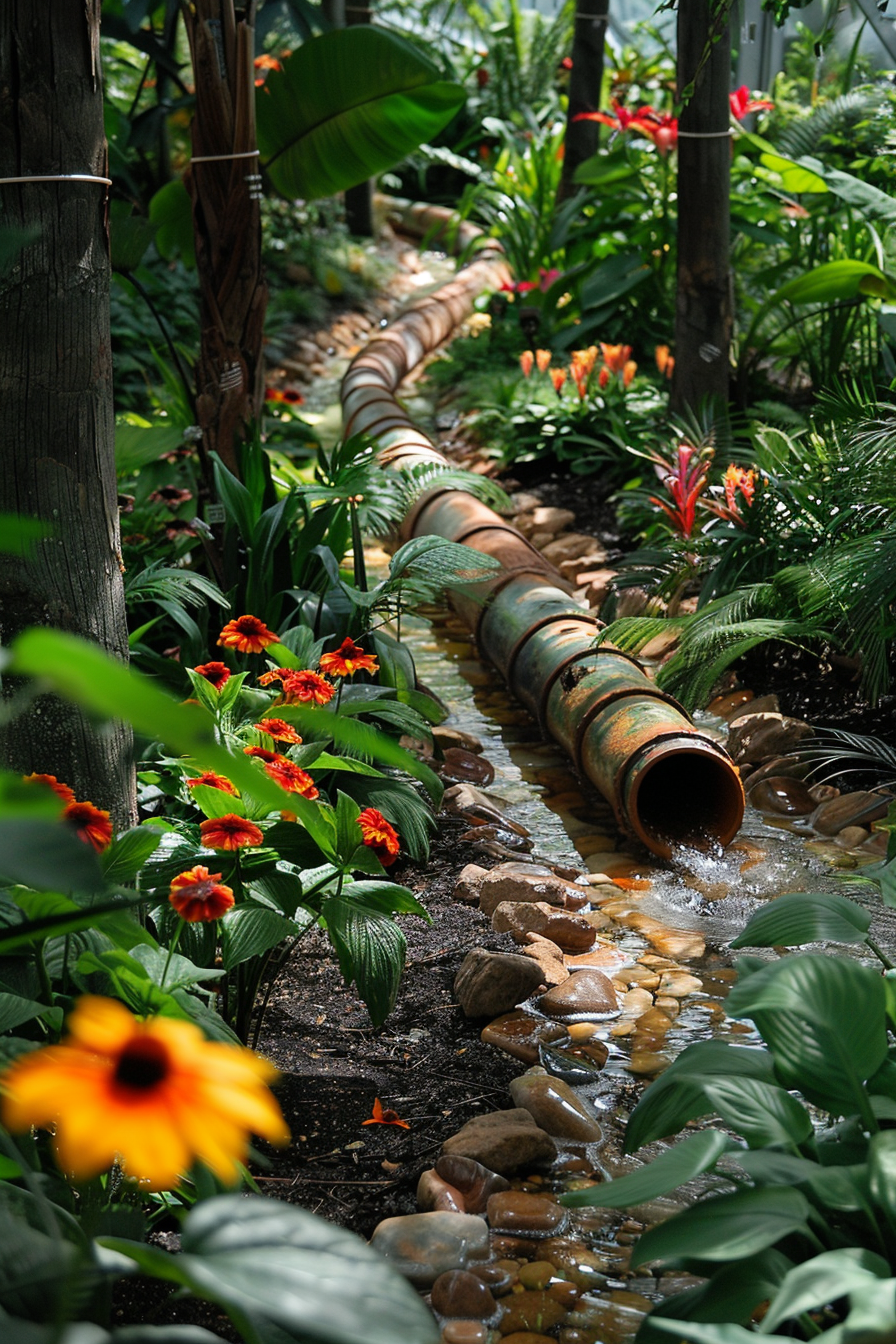 A lush garden with a bamboo water feature surrounded by blooming flowers and green foliage.
