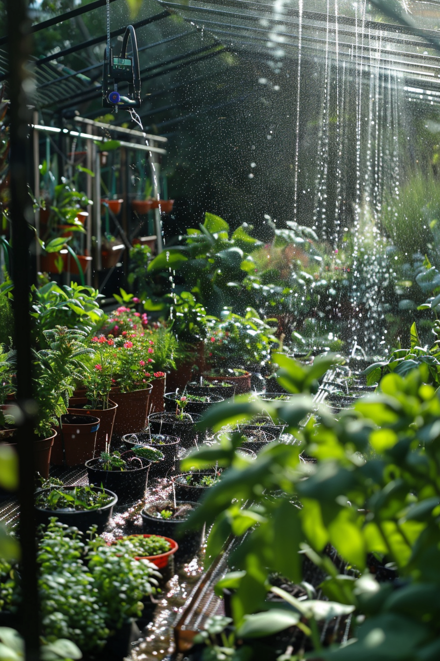 Sunlight streams through a greenhouse, casting sparkles on the mist of watering plants.