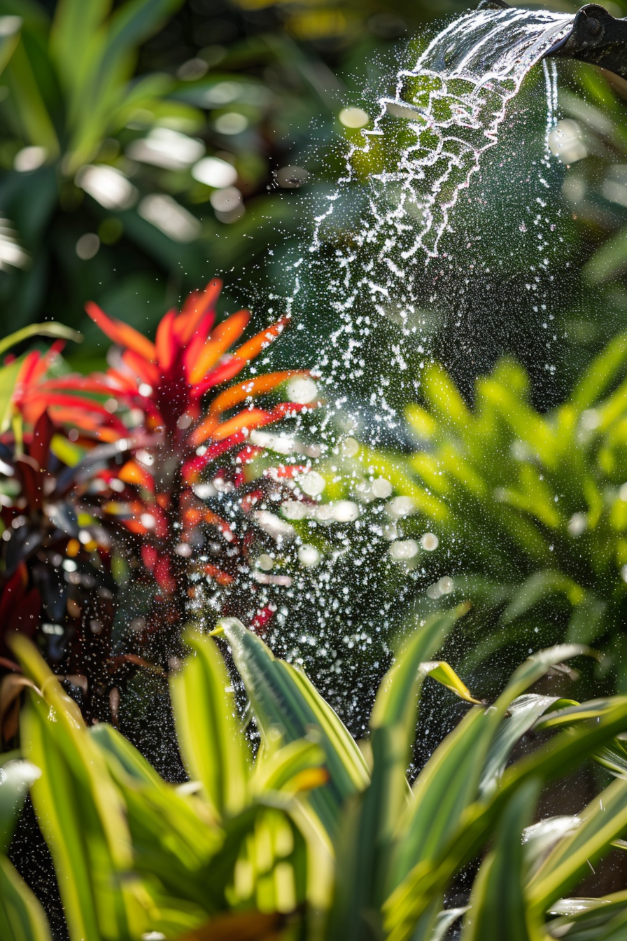 Sunlight glistening through splashing water from a hose over vibrant tropical plants.