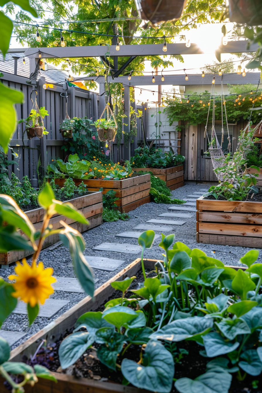 A serene backyard garden at sunset with raised wooden plant beds, a gravel path, hanging plants, and string lights above.