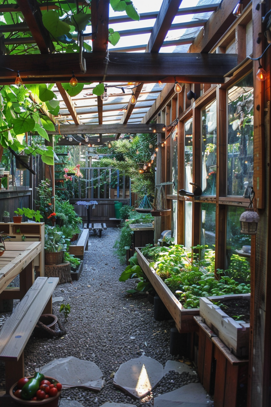A cozy greenhouse interior with wooden beams, plants on benches, hanging lights, and a gravel pathway.