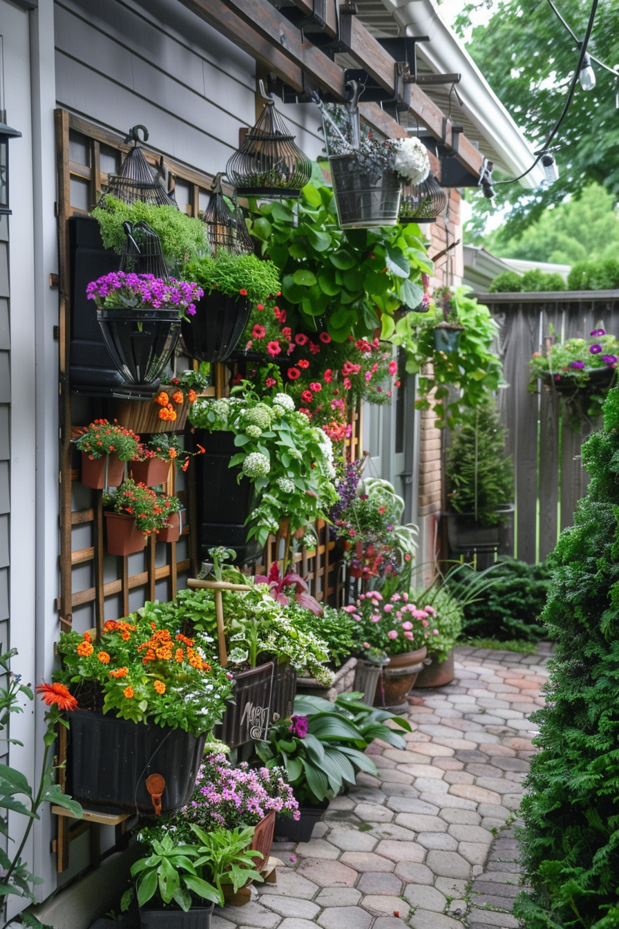 A cozy garden pathway lined with lush potted plants and hanging baskets full of colorful flowers alongside a wooden house.