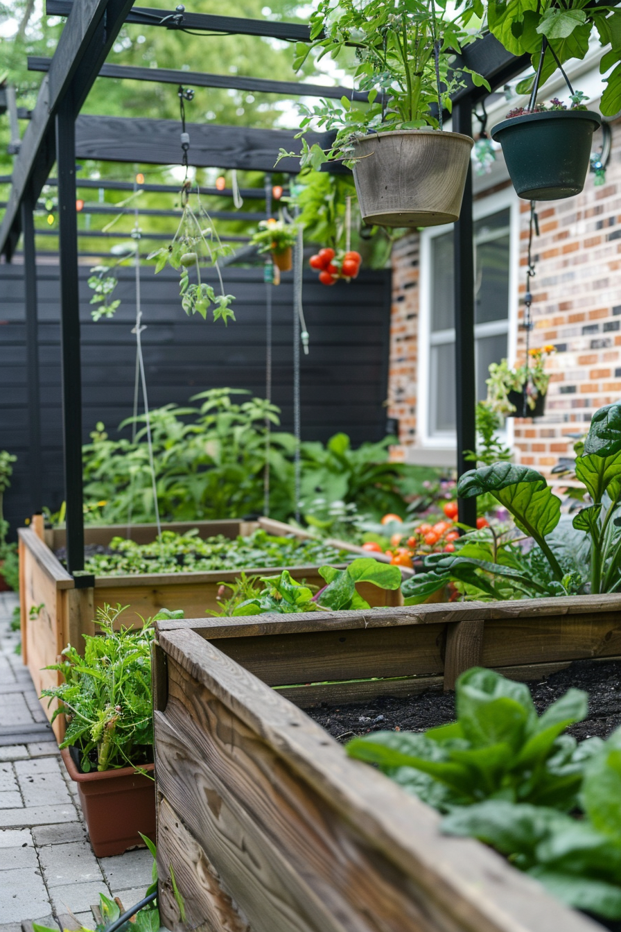 ALT: A lush home garden with wooden raised beds full of green plants and hanging pots of tomatoes on a patio next to a brick house.