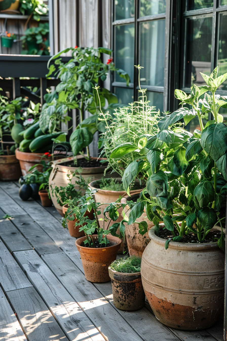 A sunny balcony garden with various potted plants and herbs on a wooden floor, with a railing and windows in the background.