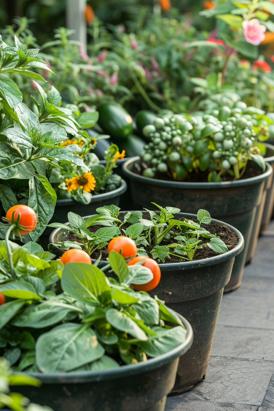 Alt text: Various vegetables, including tomatoes and zucchinis, growing in pots on an urban balcony garden.