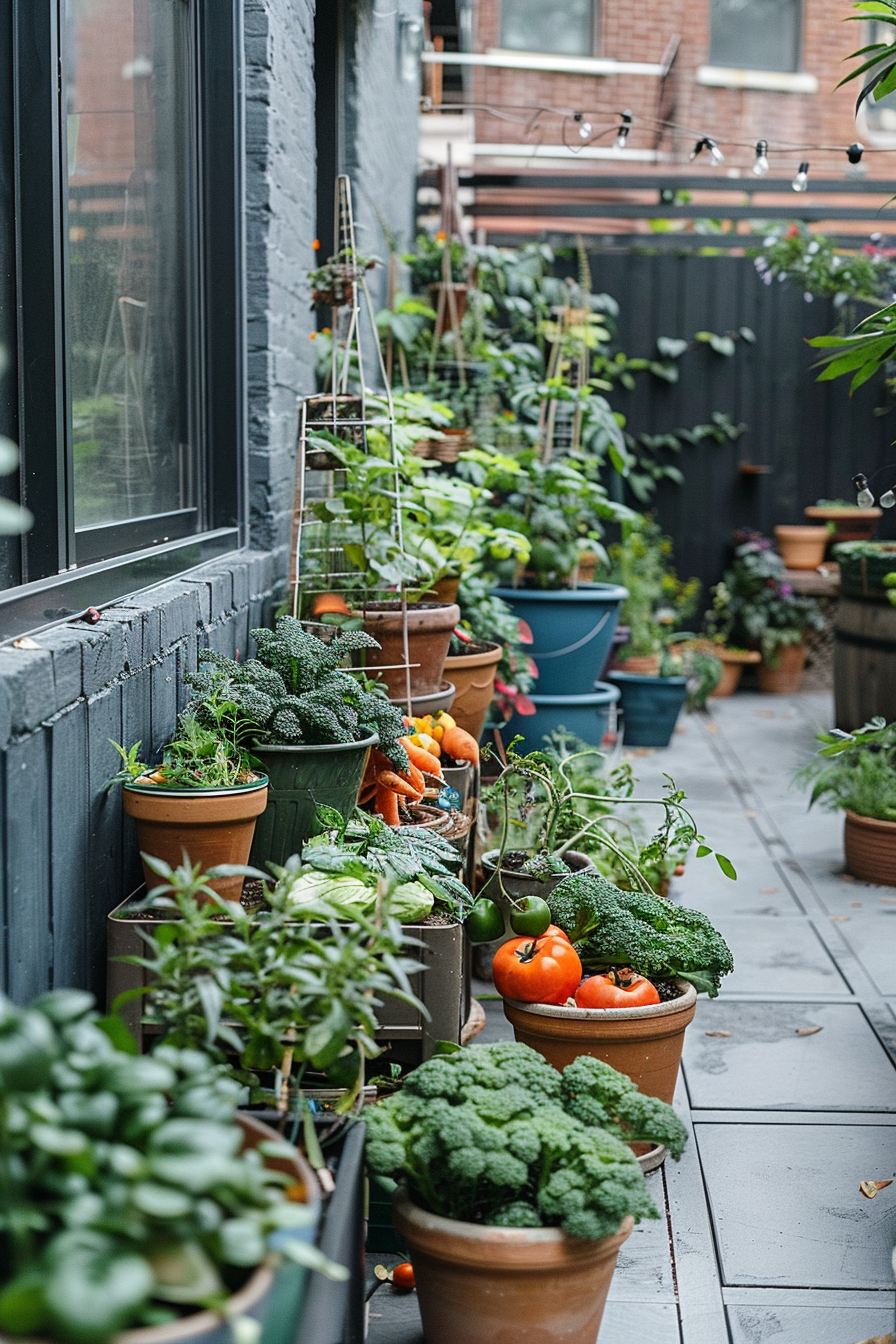 A lush balcony garden with assorted vegetables and herbs in various pots and planters, showcasing urban gardening.