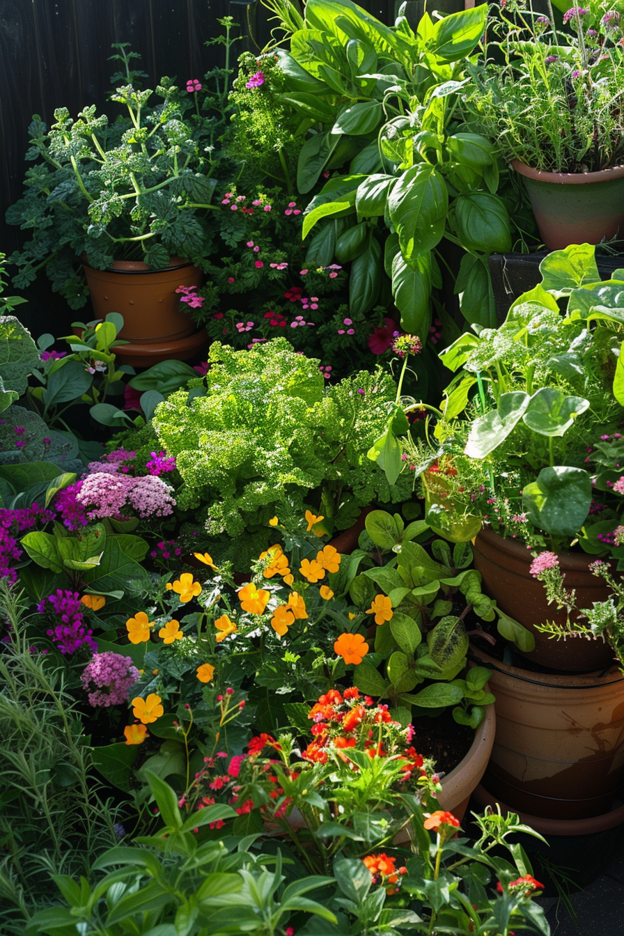 Vibrant container garden with an array of flowers and herbs in terracotta pots, basking in sunlight against a dark fence.