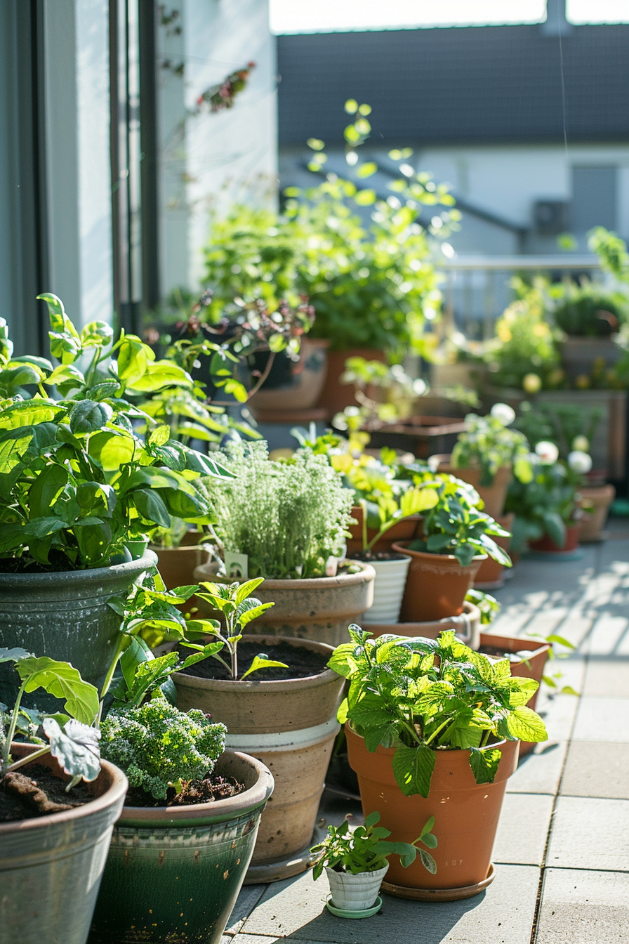 A sunny balcony garden with a variety of potted plants and herbs in terra cotta and plastic pots.