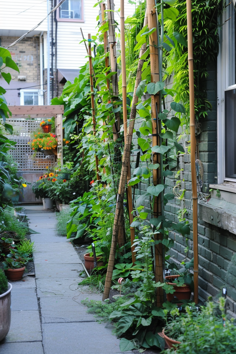 A narrow urban garden path flanked by potted plants and climbing greenery on trellises next to a building.