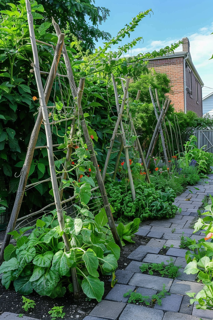 A lush backyard garden with plants climbing on wooden trellises along a brick path, with a house in the background.