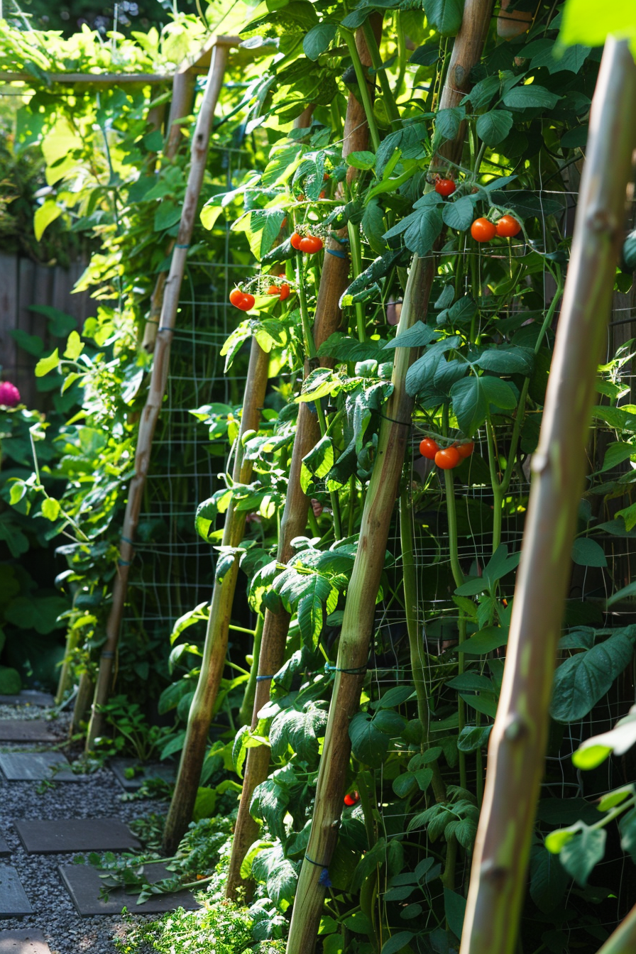 Vibrant home garden with ripe tomatoes on the vine, supported by a trellis system, amidst lush green foliage.
