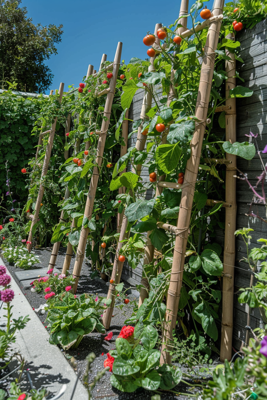 A vibrant urban garden with ripe tomatoes growing on trellises, flanked by colorful flowers and greenery under a clear blue sky.