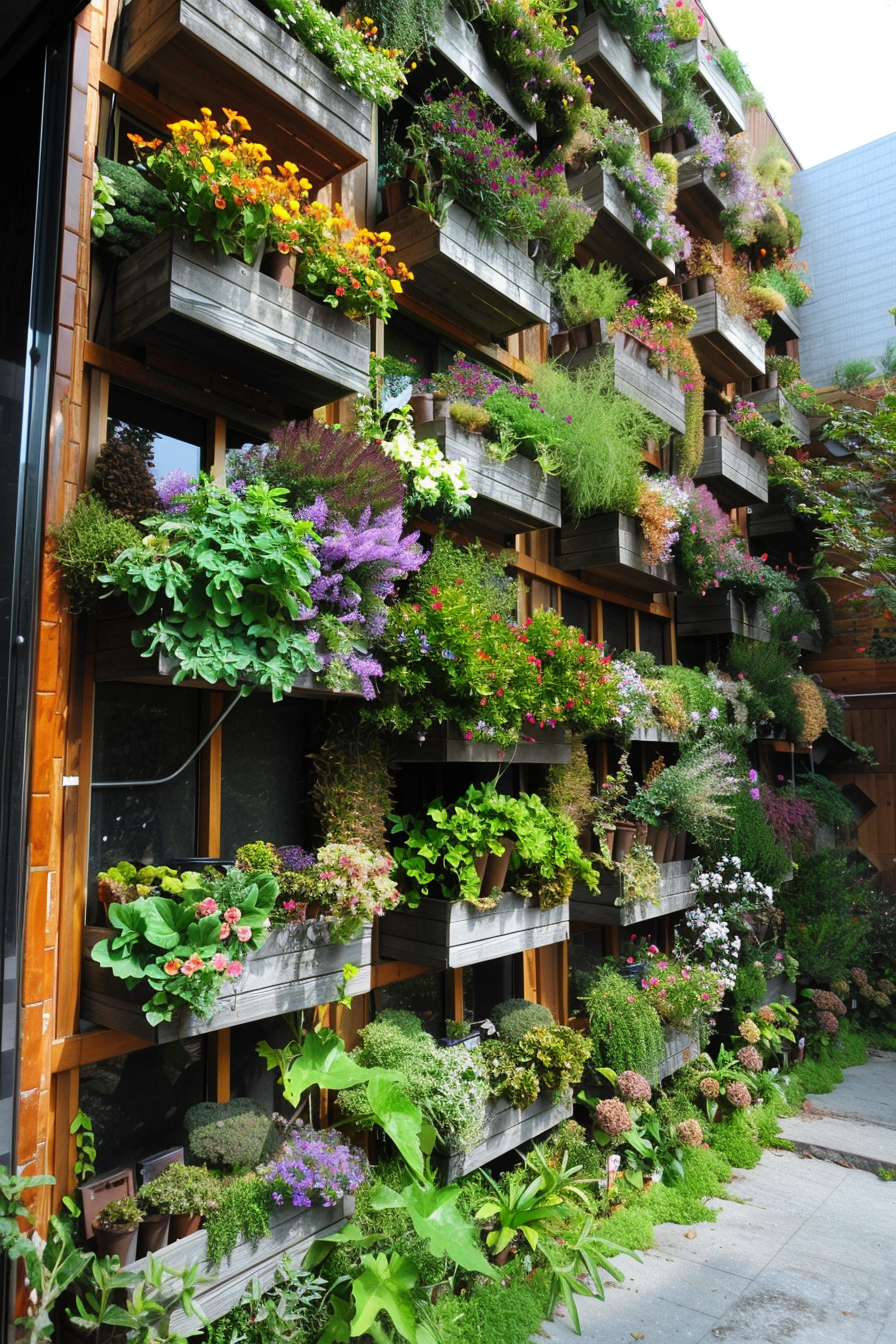 Vertical garden with lush greenery and vibrant flowers in wooden planters on an urban building facade.