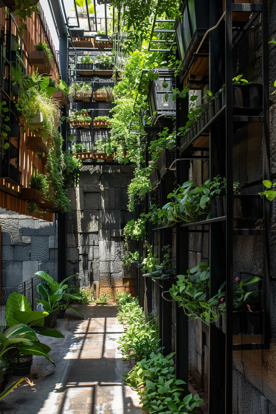 Narrow urban alleyway transformed with lush green plants on dark metal balconies, creating a natural oasis amidst the cityscape.