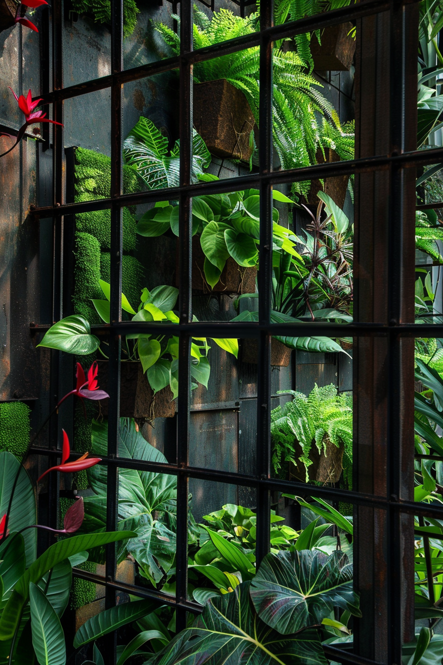 A lush vertical garden with various green plants and a few red flowers seen through a black metal grid.