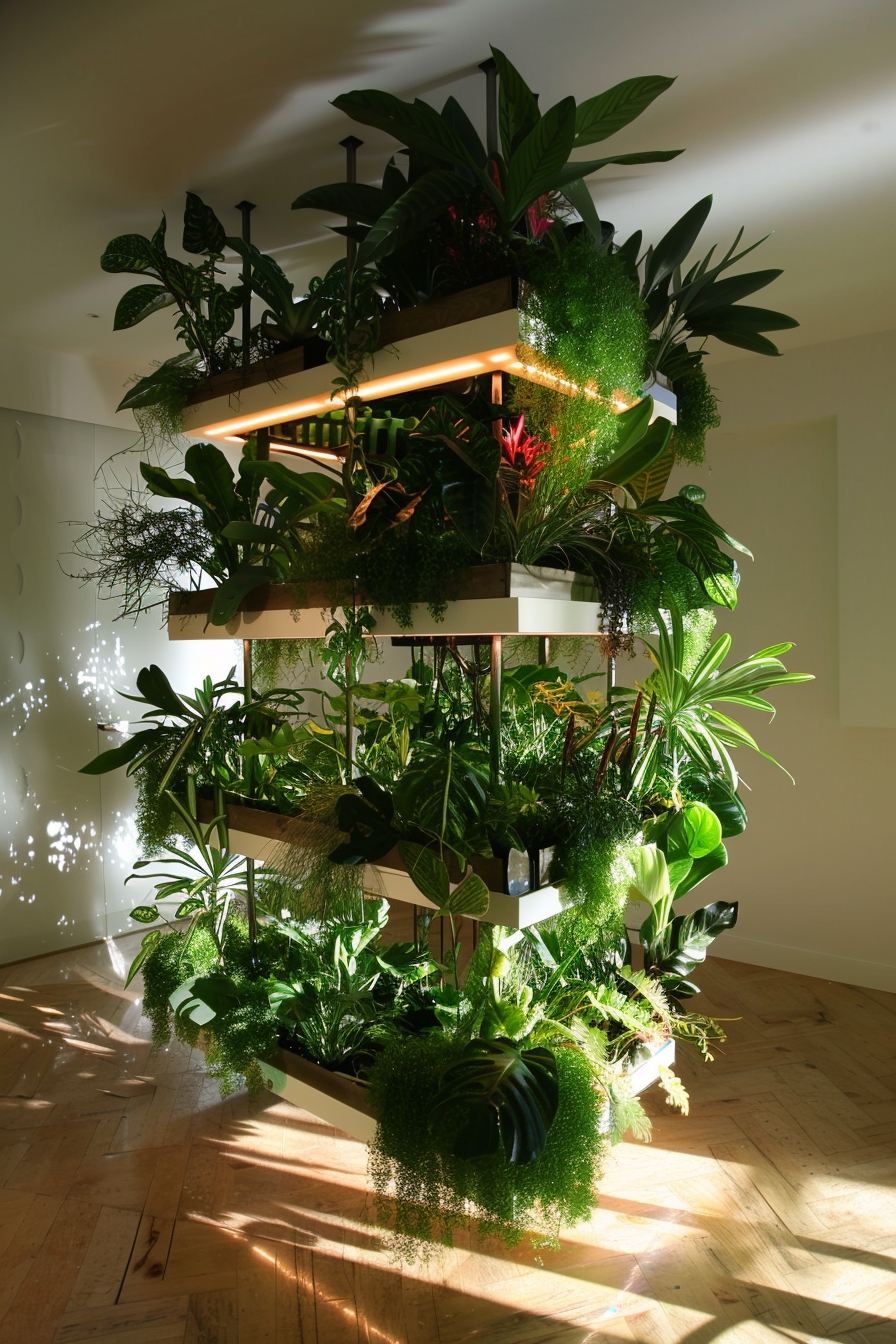 Indoor vertical garden with multiple shelves of lush green plants and integrated lighting casting a warm glow.