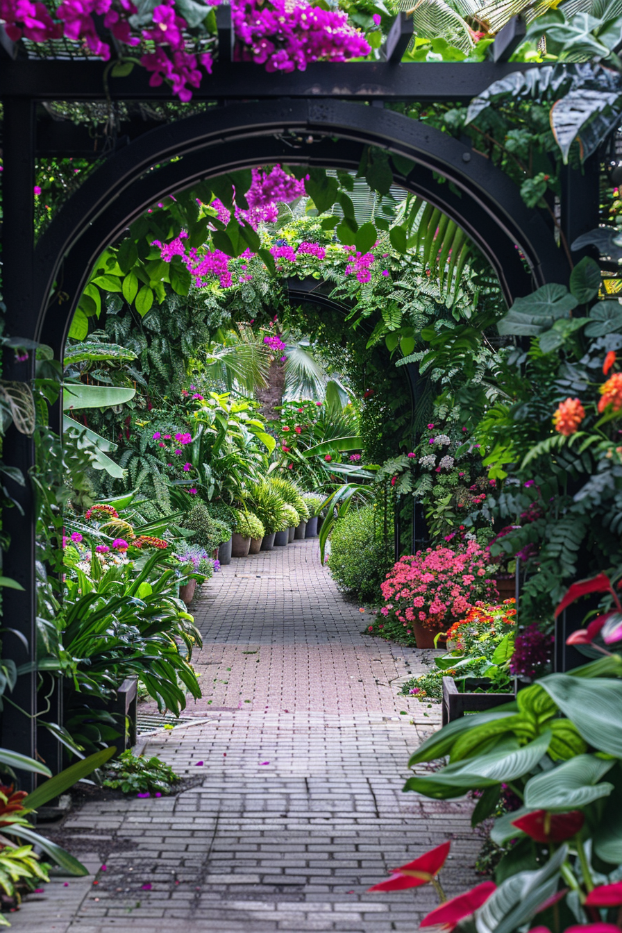 A lush garden pathway framed by an arch with hanging purple flowers, surrounded by vibrant green foliage and colorful blooms.