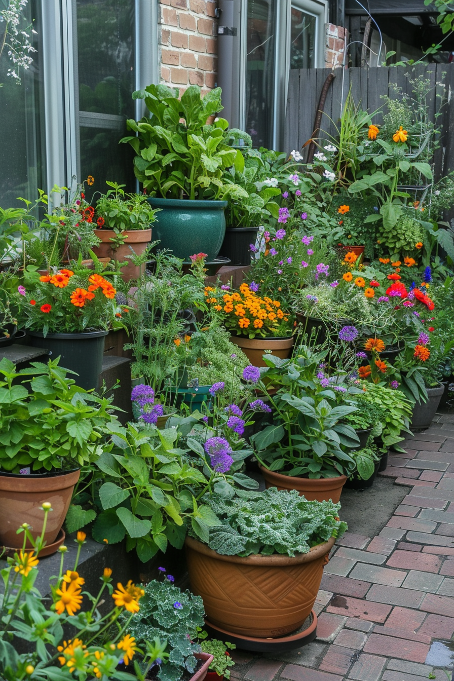 A vibrant urban garden with a variety of potted flowers and plants on a brick pavement next to a building.
