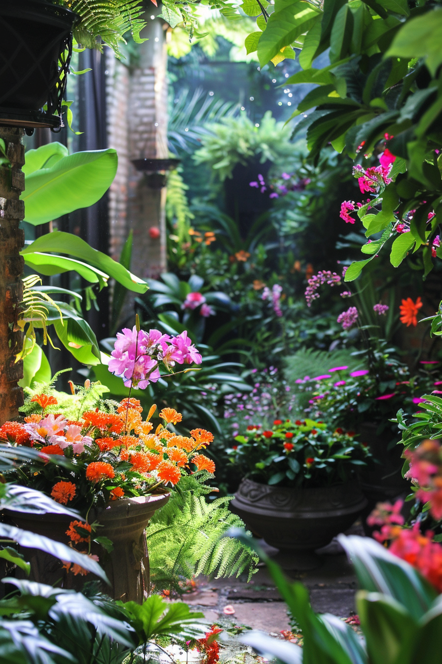 A lush garden pathway lined with vibrant flowers in various colors, potted plants, and sun-dappled greenery.