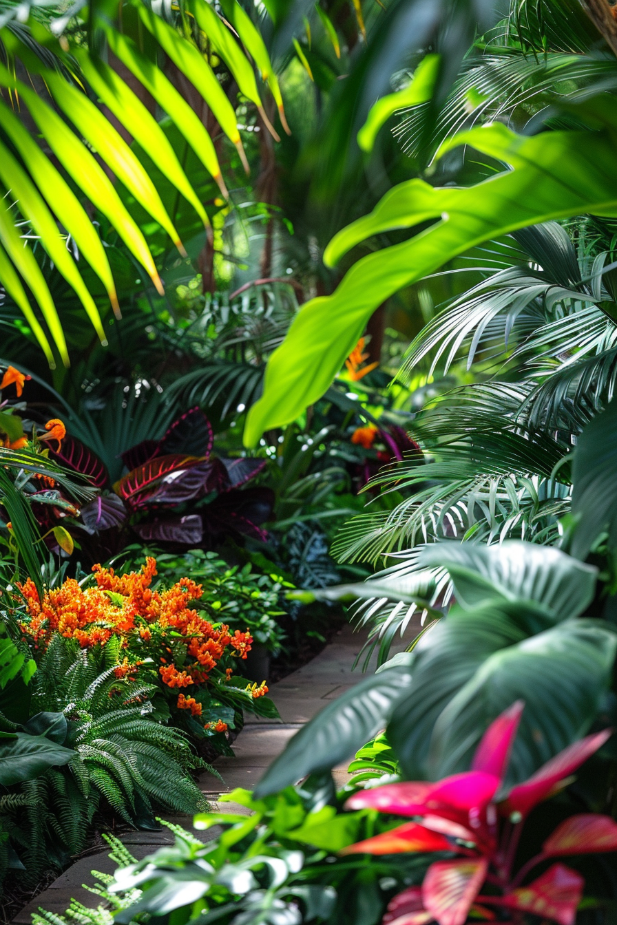 Lush tropical garden pathway flanked by vibrant green foliage and bright orange flowers with sunlight filtering through.