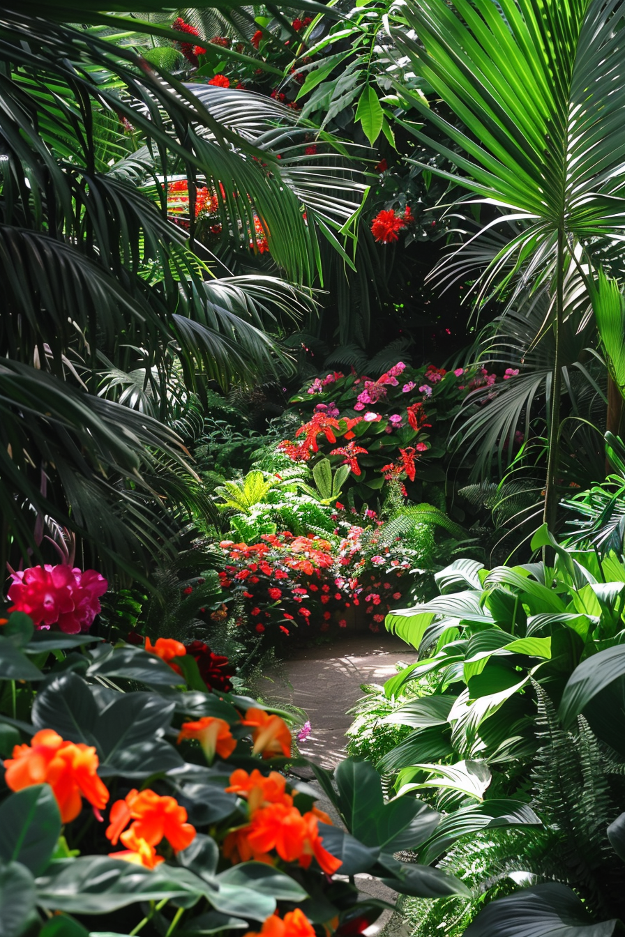 Alt text: A lush garden pathway surrounded by vibrant tropical flowers and large, green palm leaves casting dappled light.