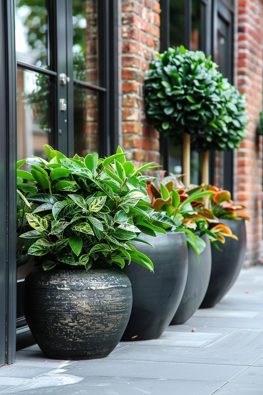 Lush green plants in black pots lined up outside a building with glass doors and brick walls.