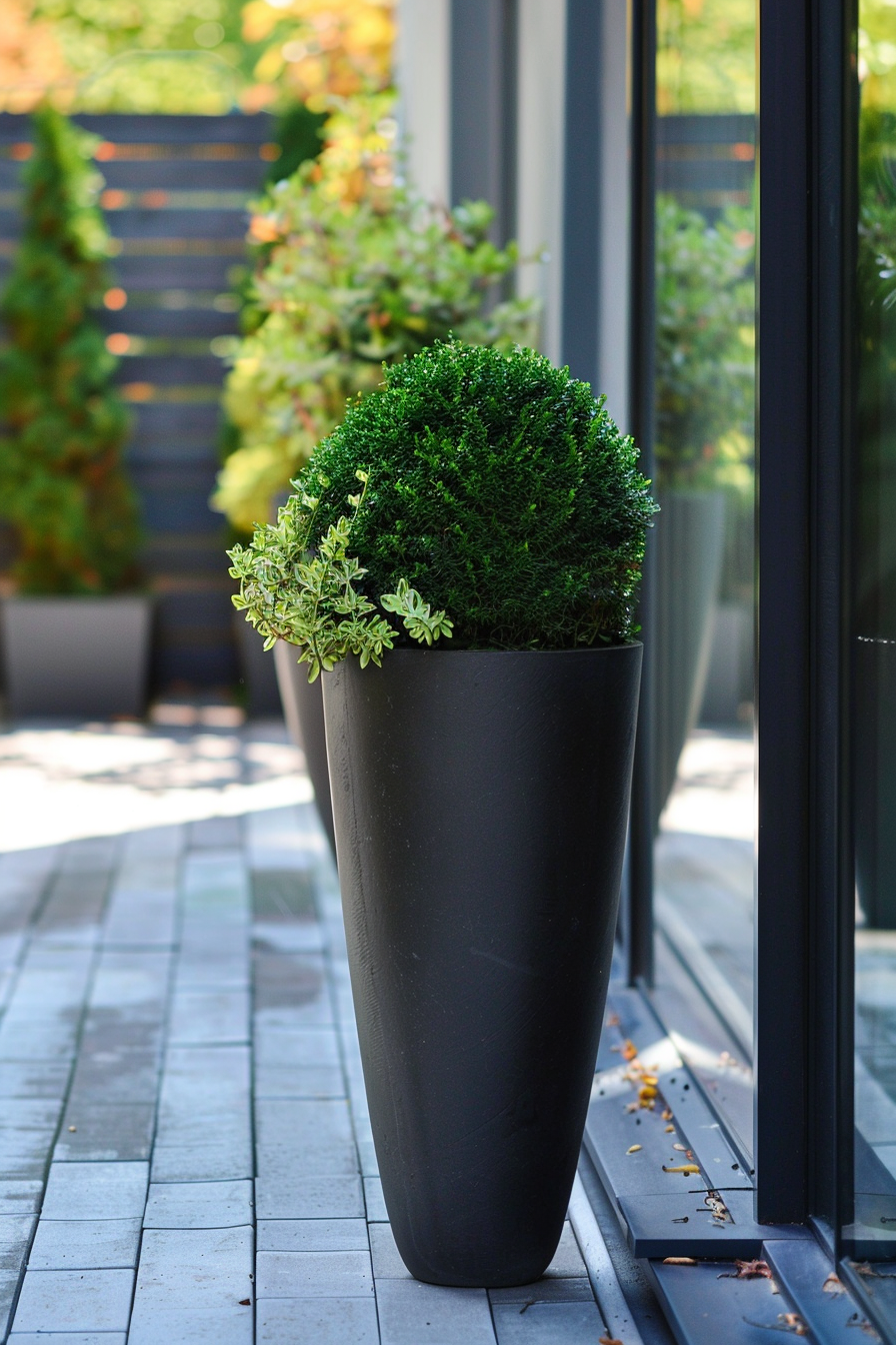A tall black planter with a neatly trimmed green shrub on a tiled patio next to glass doors.