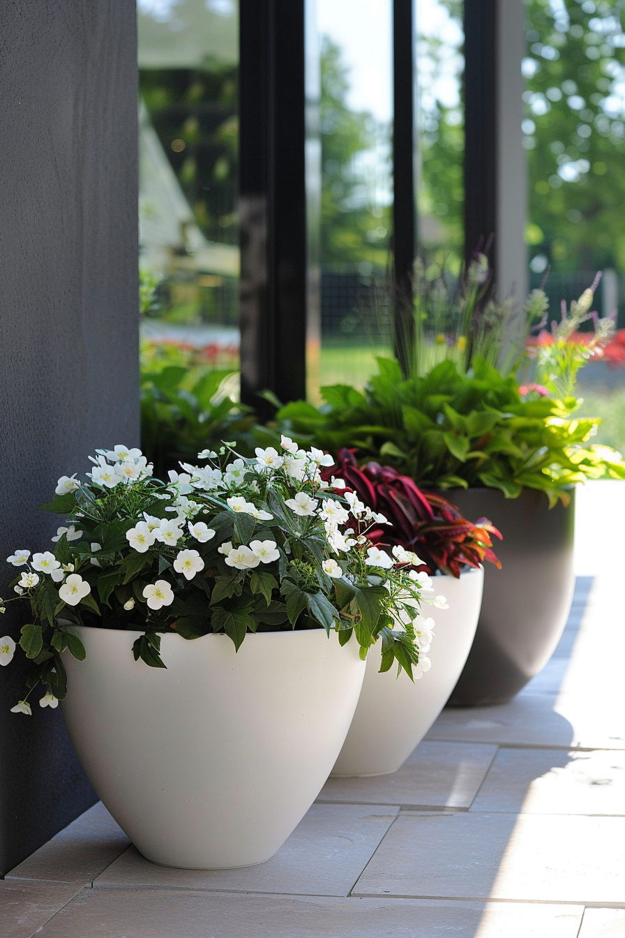 Two large white flowerpots with blooming white flowers and green plants on a sunny porch with dark railings in the background.