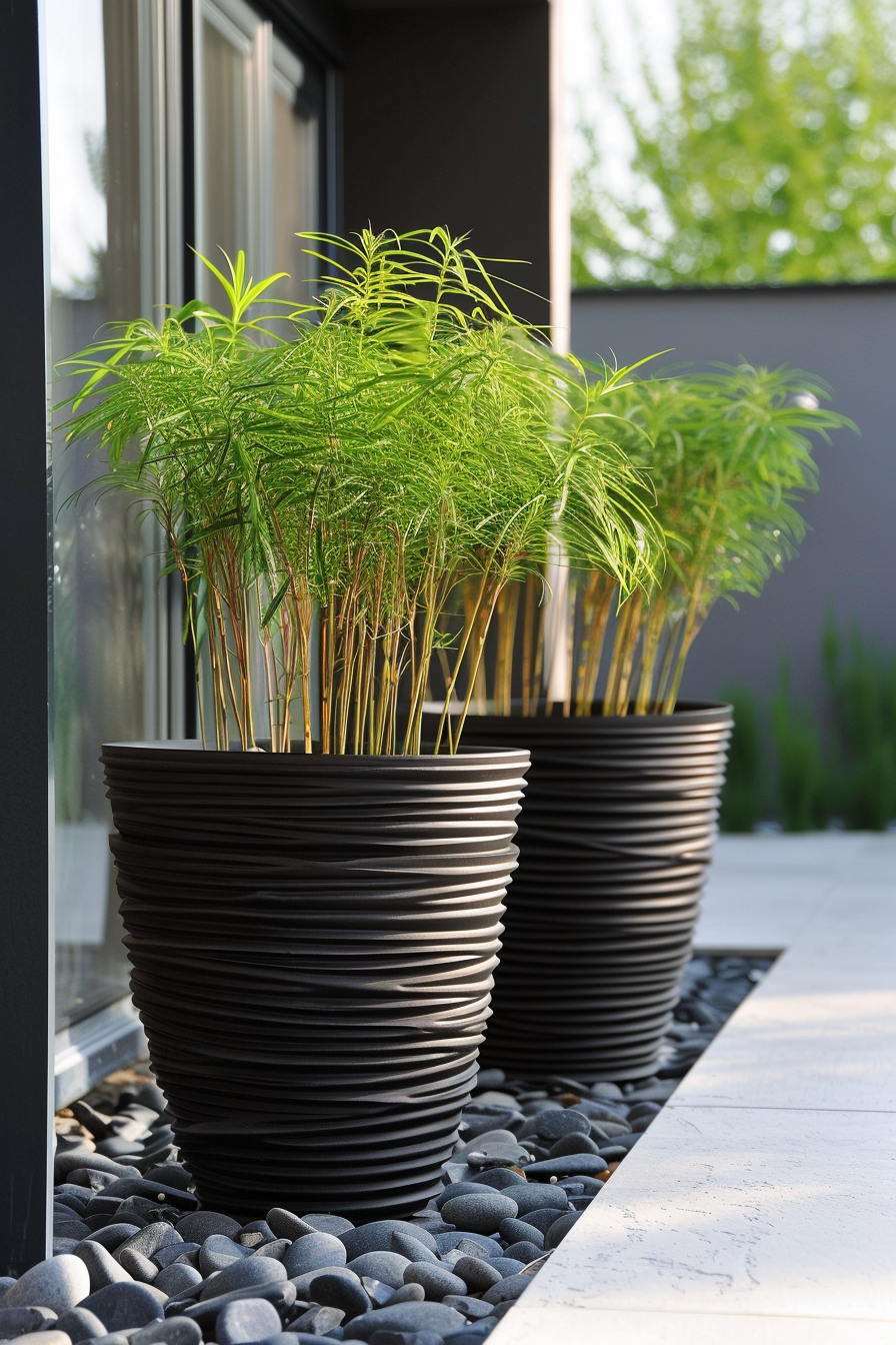 Two large, ridged dark planters with lush greenery outside a modern home, surrounded by smooth gray pebbles.