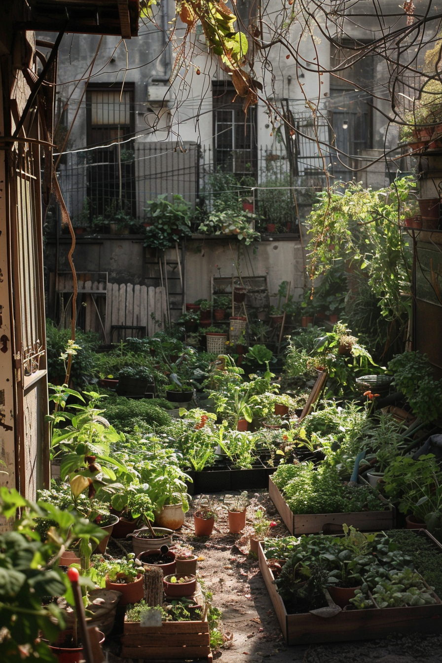 A lush urban garden with a variety of potted plants and raised beds bathed in sunlight filtering through overhead vines.