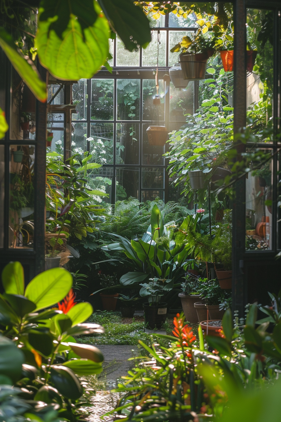 Lush indoor garden with sun streaming through large windows, highlighting an array of potted plants and greenery.