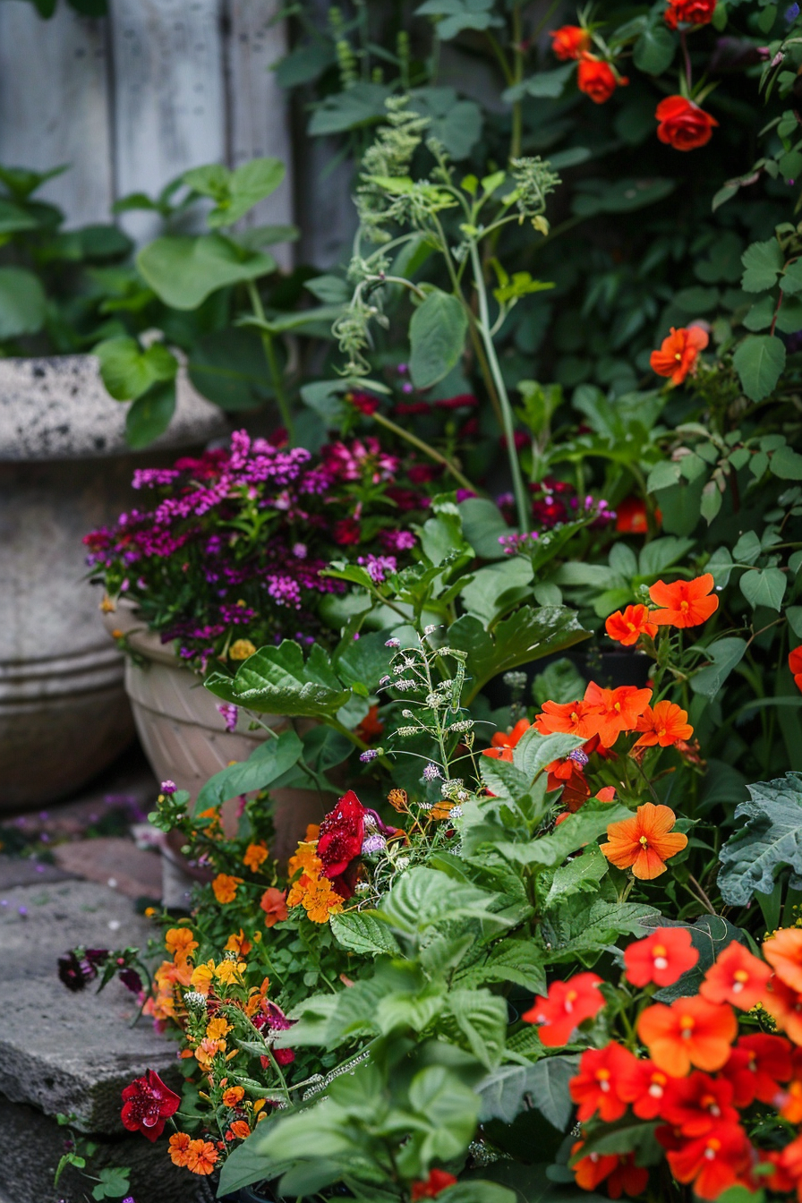 Lush garden scene with a variety of colorful flowers, including red, orange, and purple blooms, with green foliage against a fence.