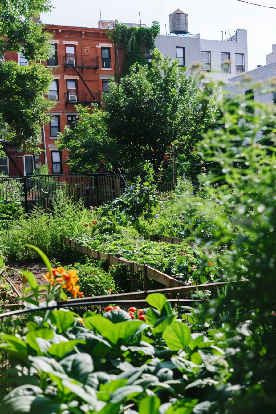 Urban garden with lush greenery in the foreground and red brick buildings in the background on a sunny day.