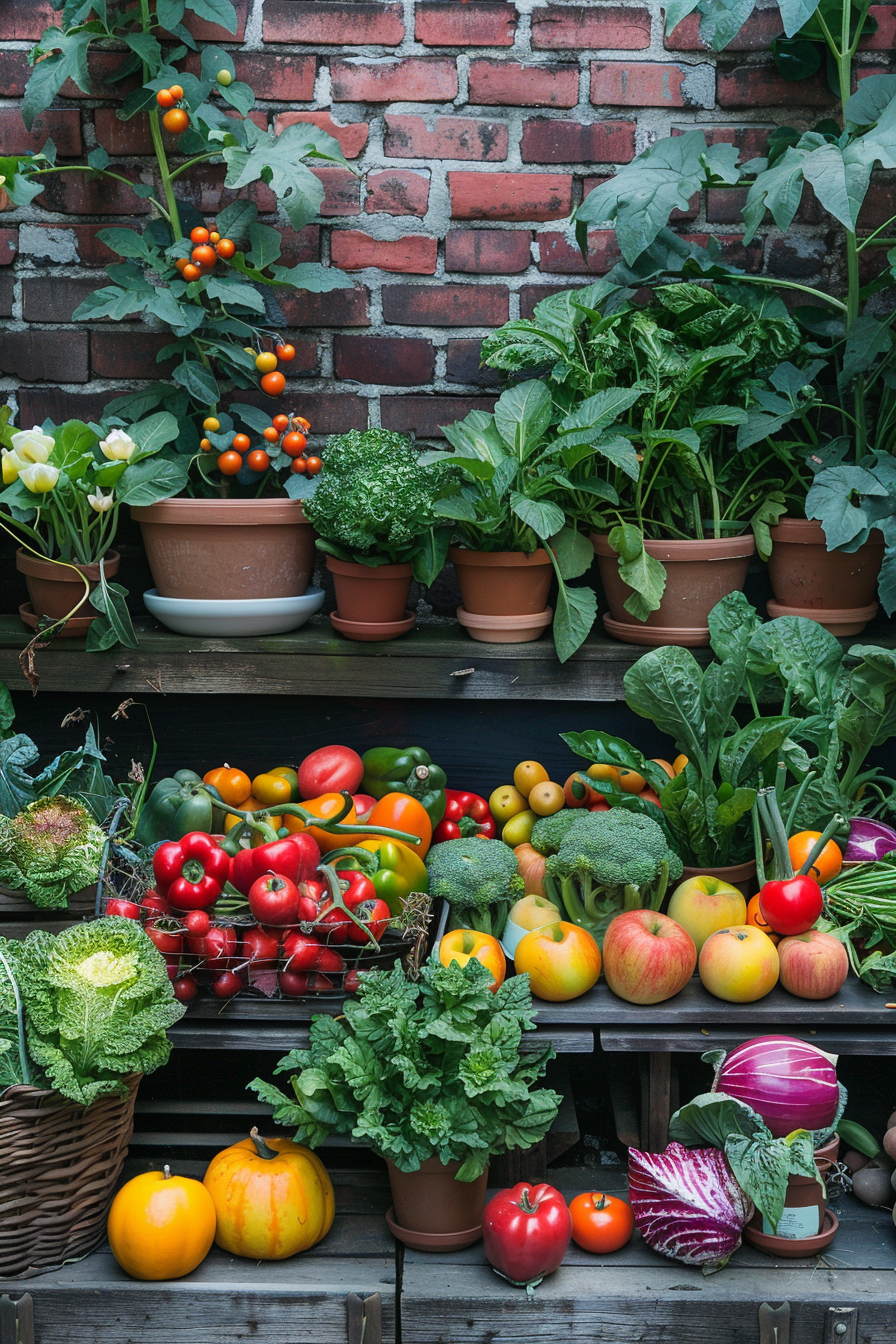 ALT: A variety of fresh vegetables and fruits arrayed on shelves against a red brick wall, including tomatoes, broccoli, and apples.