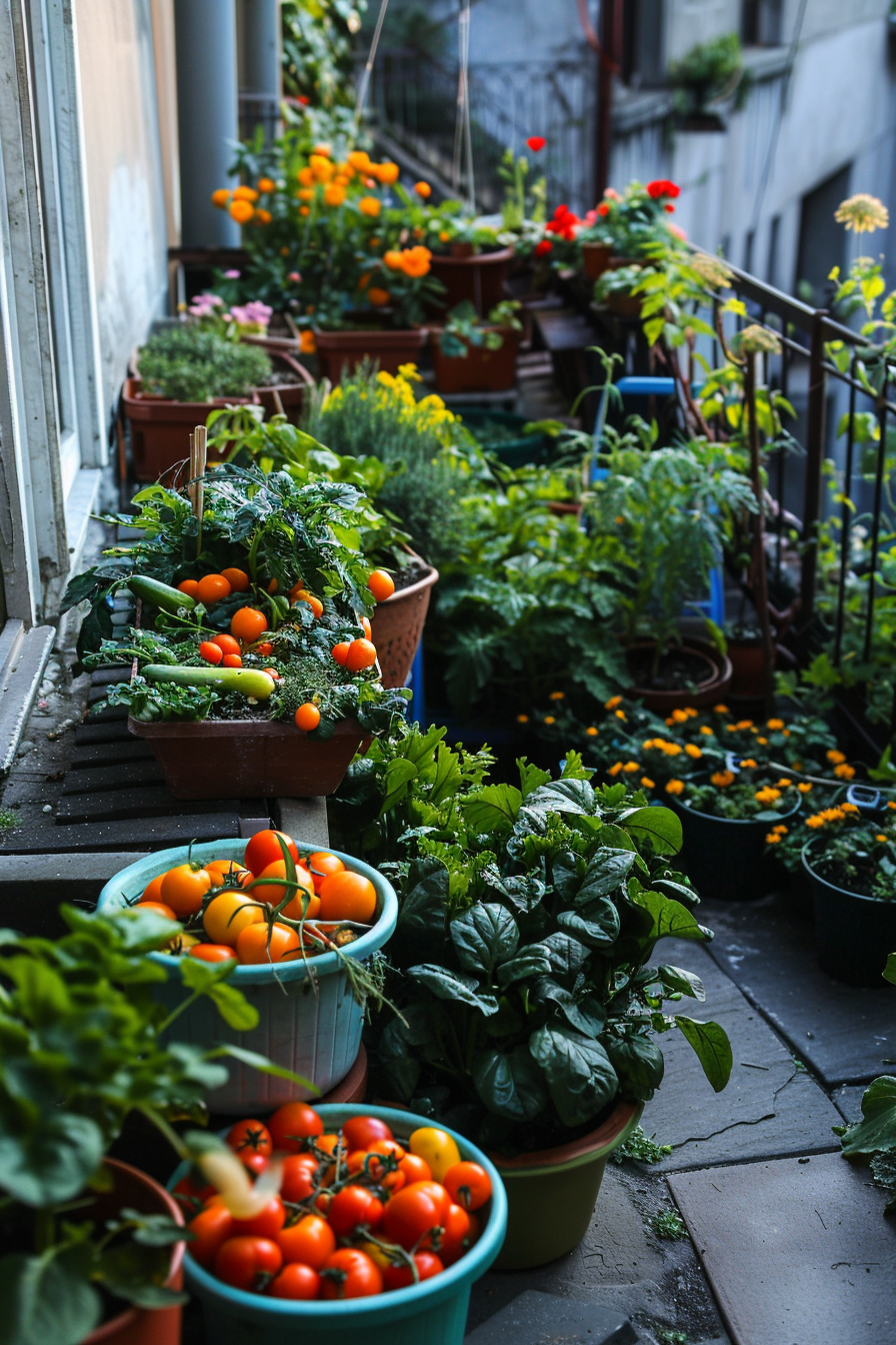 Lush balcony garden with various potted plants and ripe tomatoes, showing urban gardening and fresh produce.