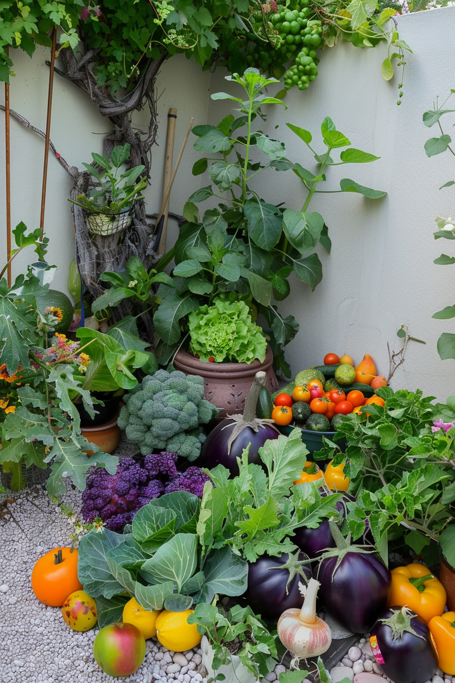 A lush urban garden with a variety of colorful vegetables and fruits, including tomatoes, eggplants, and grapes growing against a wall.