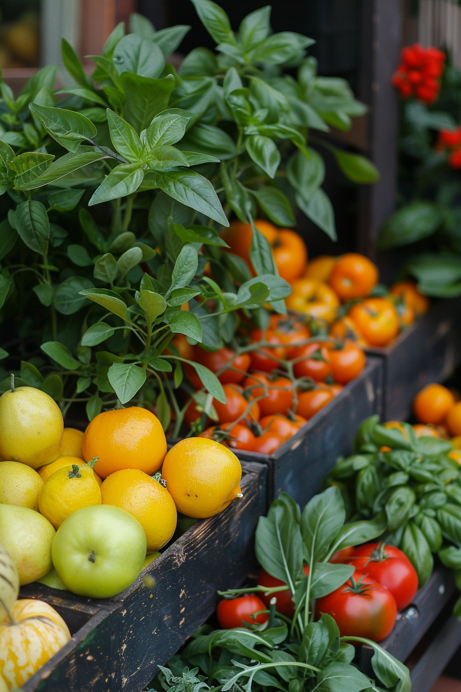 Fresh produce arranged in crates, including bright yellow lemons, ripe tomatoes, and green basil leaves, with a soft-focus background.