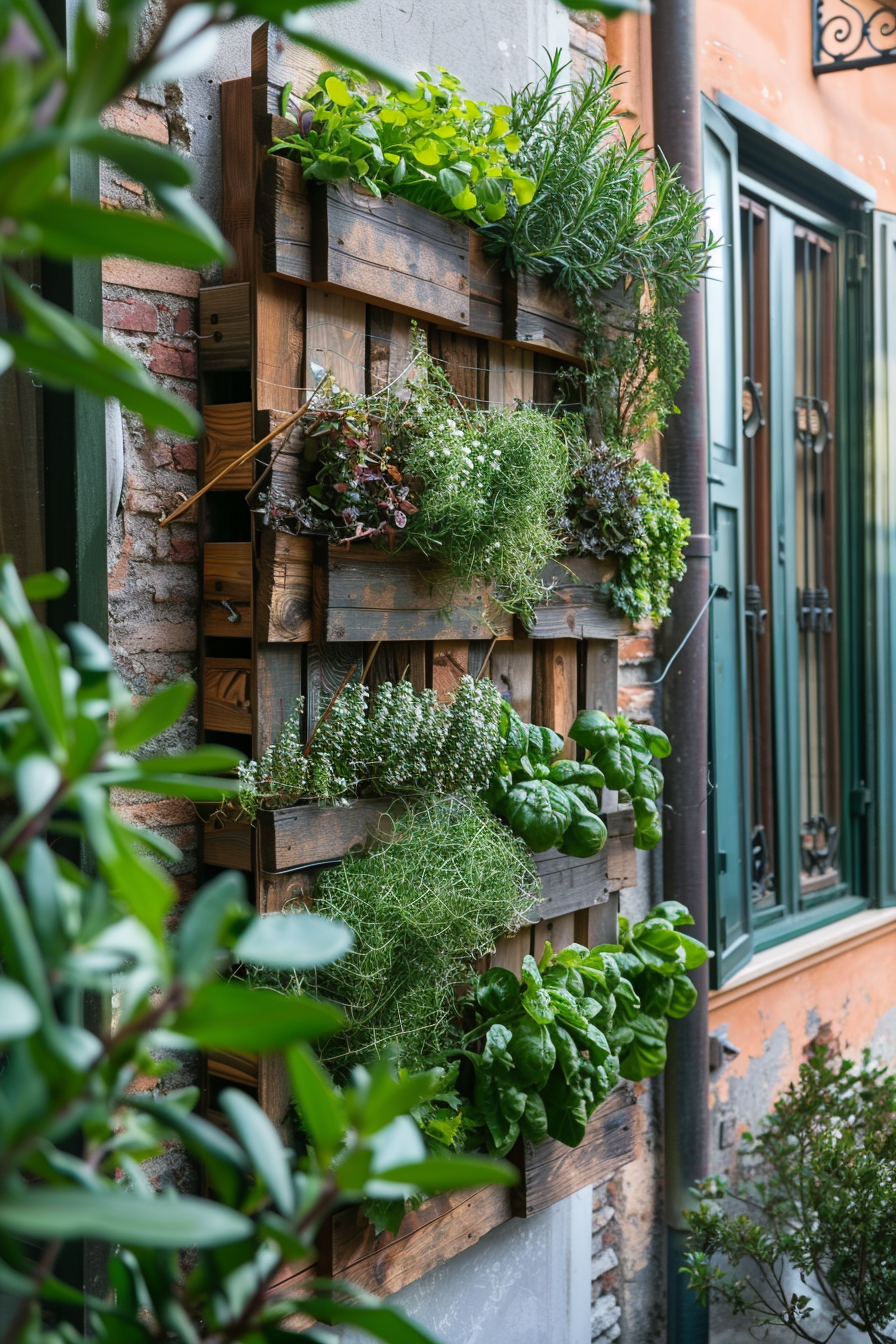 A wooden vertical garden with an assortment of lush green plants mounted on a brick wall beside a glass door.