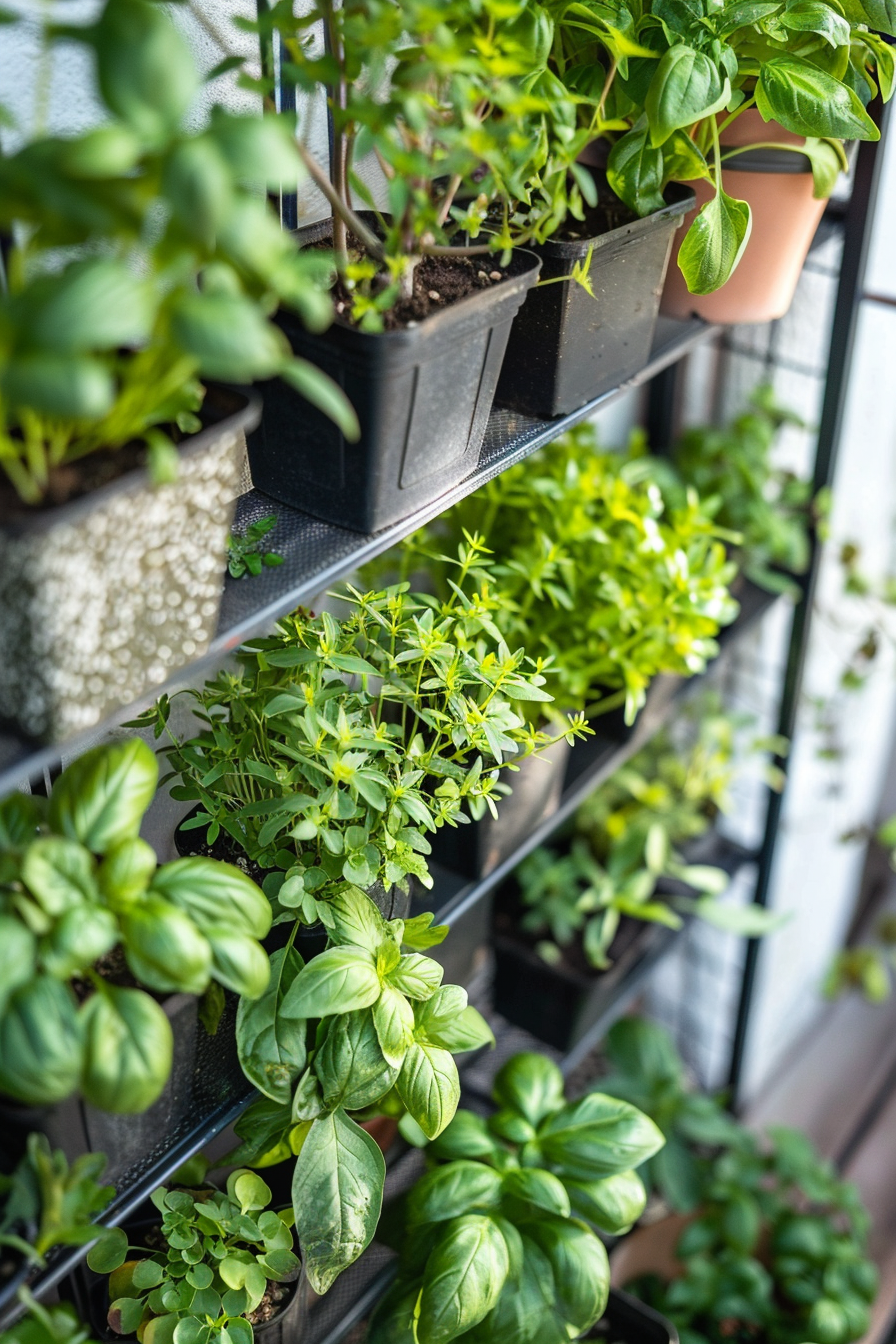Vertical garden shelves with assorted green herbs in pots, including lush basil, in natural light.