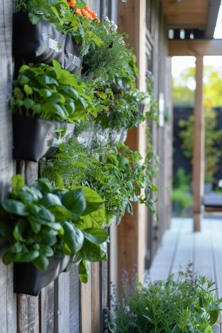 Vertical garden with lush green plants in hanging pots along a wooden wall, with a blurred garden background.