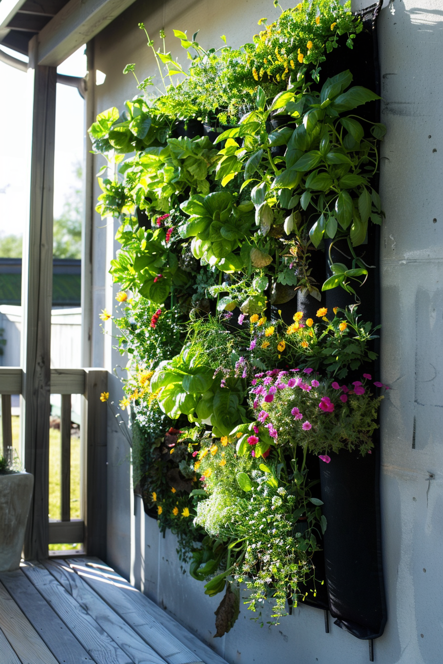 A sunlit vertical garden full of various flowers and greenery on a porch wall, creating an inviting outdoor space.