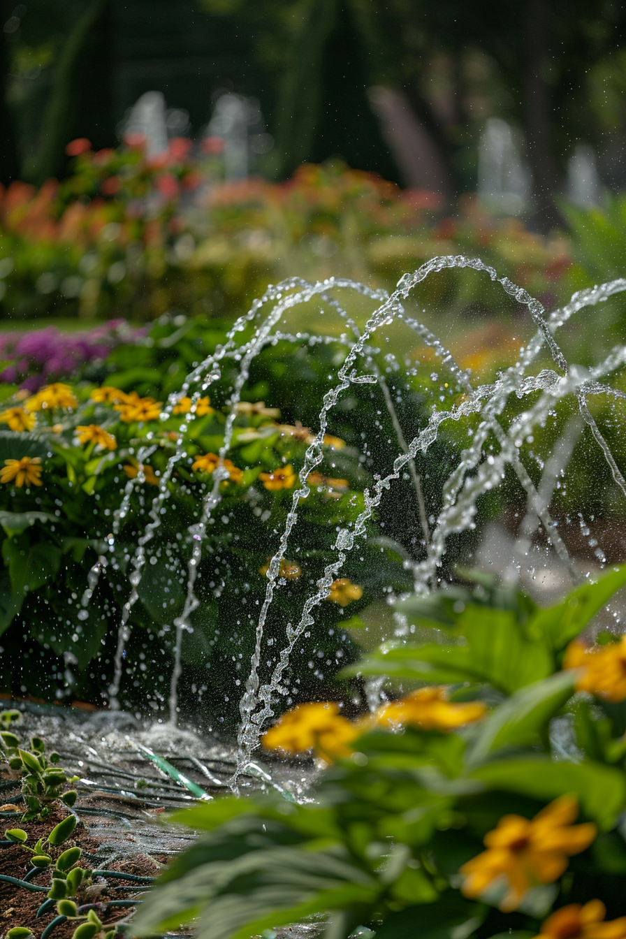 Water arcs gracefully over a vibrant flowerbed in a sunlit garden, capturing a moment of irrigation in motion.