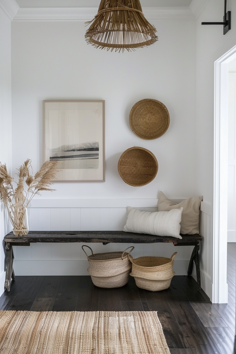 A cozy nook with a rustic bench, woven baskets, straw hat wall decor, and a wicker pendant light, set against a white paneled wall.