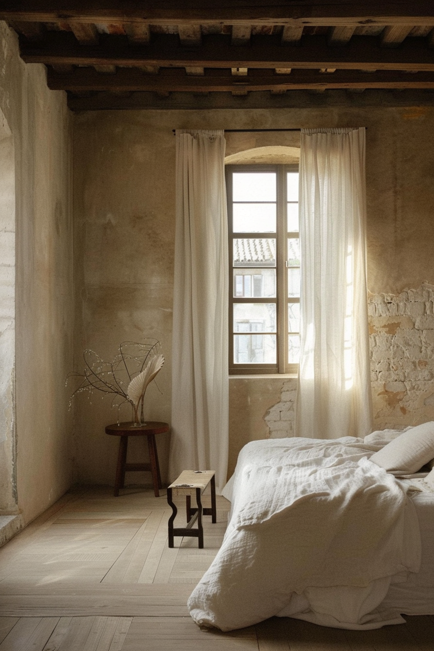 Rustic bedroom with sunlight streaming through sheer curtains, exposed wooden beams, and minimalist decor.