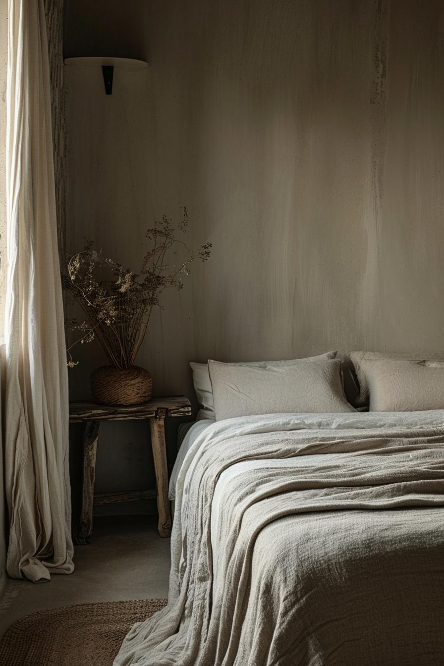 A cozy, rustic bedroom with neutral tones, featuring a bed with linen bedding, a small wooden table, dried flowers, and a wall sconce.