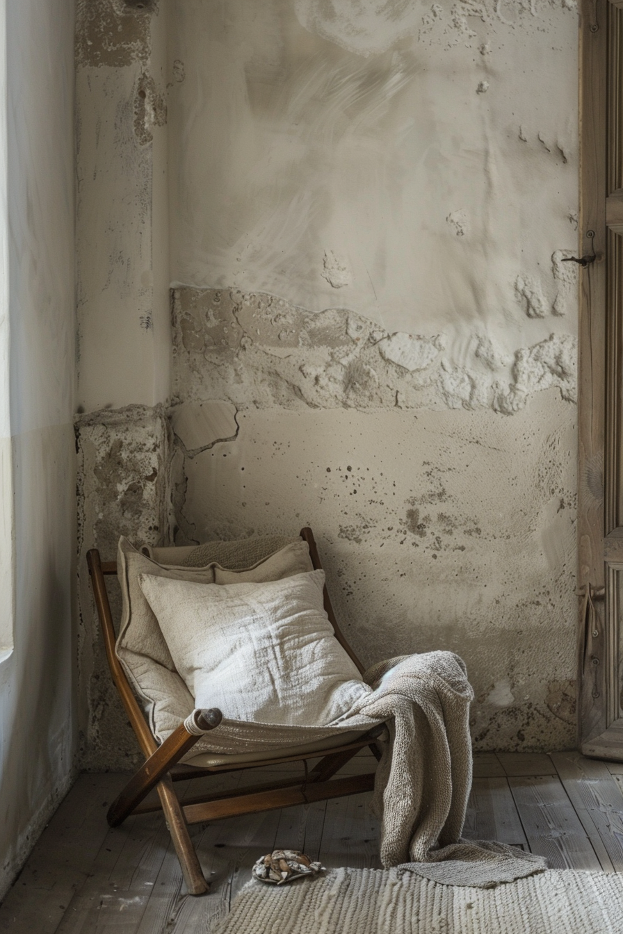 A wooden folding chair with cushions and a throw blanket in a rustic room with peeling plaster walls, near a window.