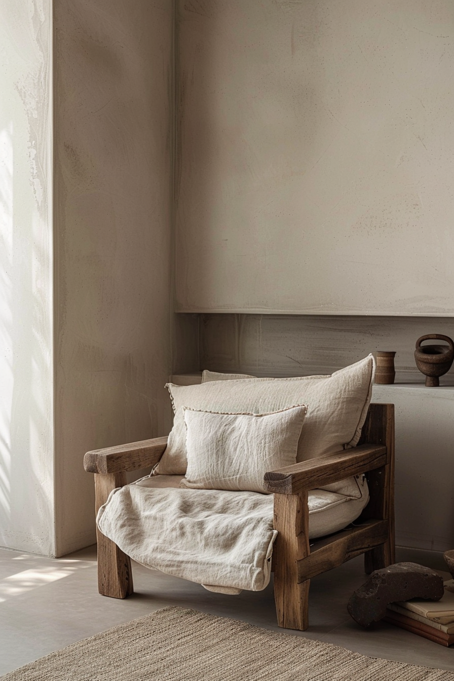 ALT: A cozy nook with a rustic wooden armchair adorned with a white cushion and throw pillow, near a textured beige wall lit by natural light.