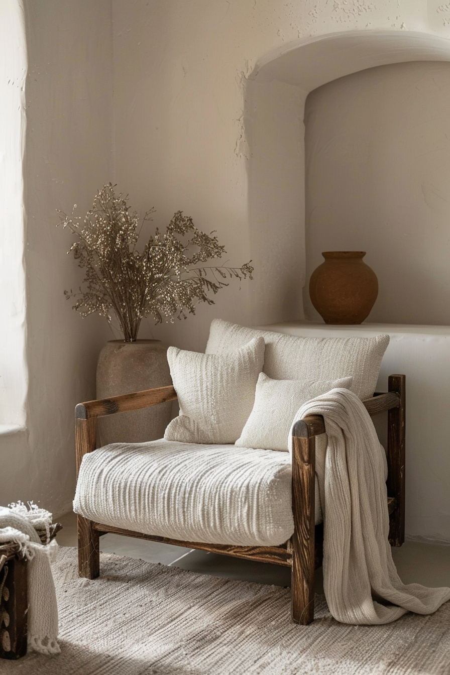 A cozy corner with a rustic wooden armchair, textured white cushions, and a throw blanket, beside a vase of dried plants.