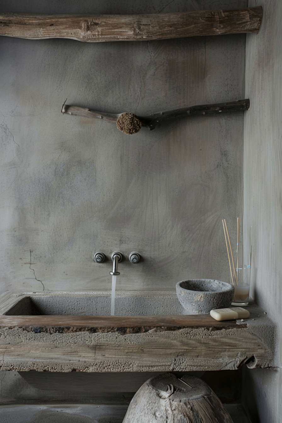 Rustic bathroom sink setup with wooden elements, running water from wall-mounted taps, and a stone bowl next to incense sticks.