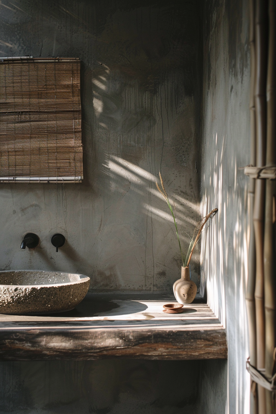 Rustic bathroom corner with natural stone sink, wooden shelf, bamboo blinds, and sunlight casting shadows on the wall.
